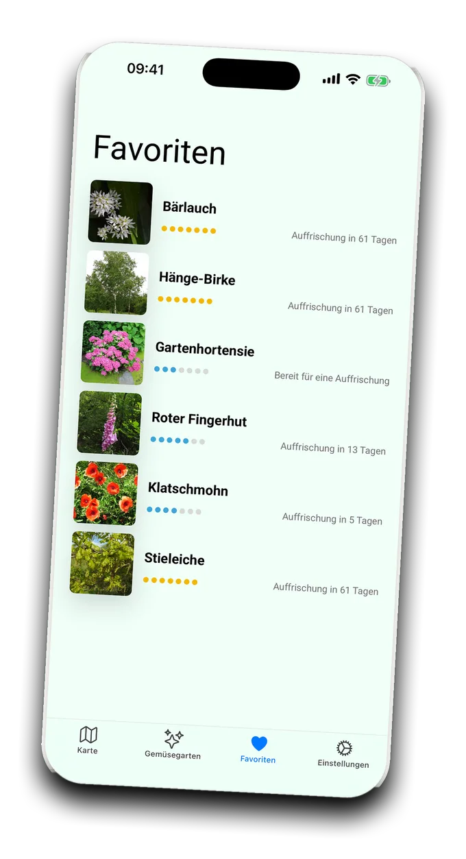 Die Favoritenübersicht von Plantneus mit dem Lernstand jeder Pflanze