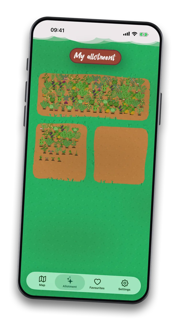 The Plantneus allotment, with beds of crops grown from correct answers