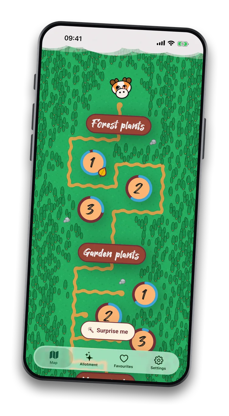 The Plantneus map, with forest and garden levels along a winding path